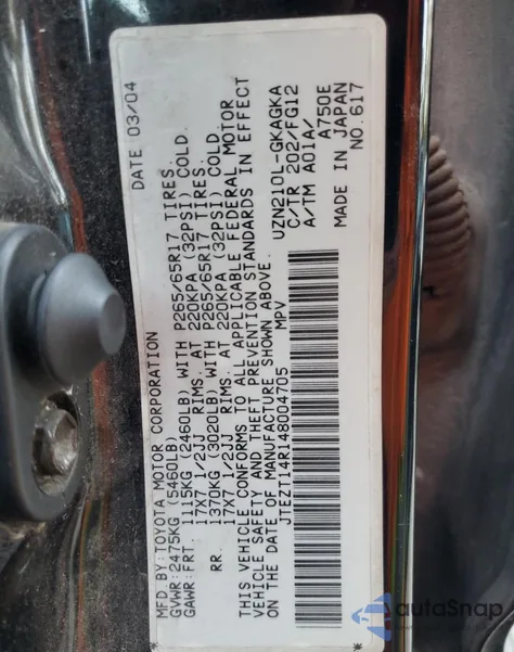 2004 Toyota 4Runner Sr5 z USA, uszkodzony, nr VIN JTEZT14R148004705